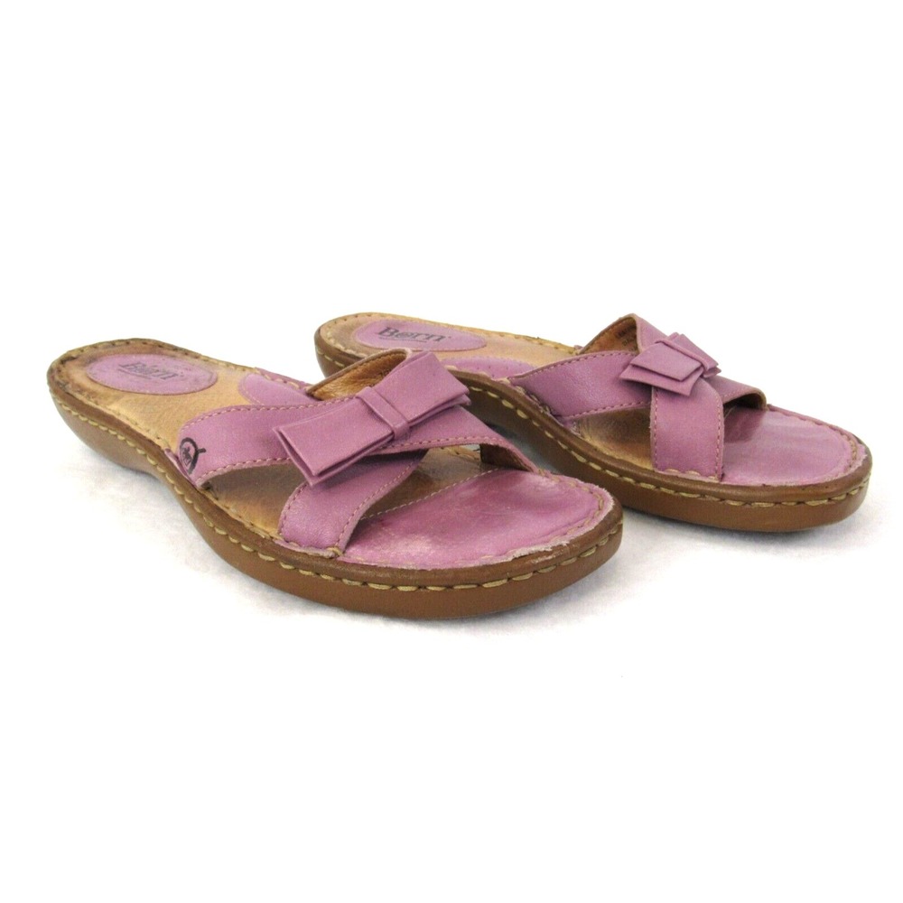 Born Leather Purple Lilac Sandal Slides with Bow SZ 7